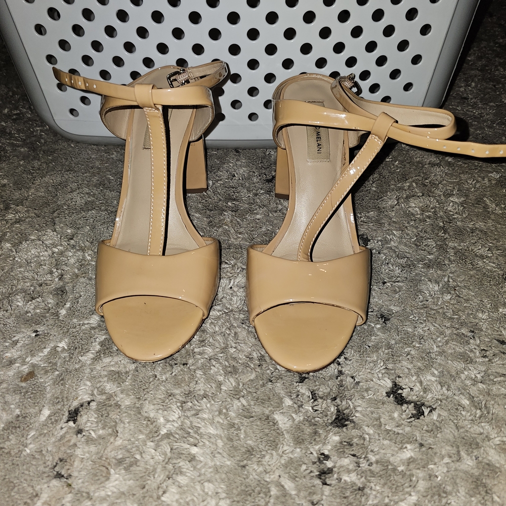 ANTONIO MELANI Patent T-Strap Block Heels in Nude Beige